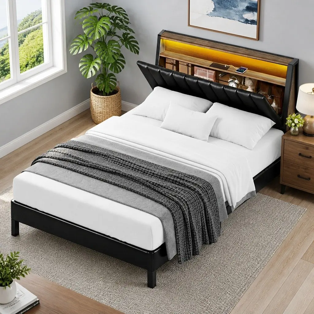 Queen Bed Frame Black Upholstered Headboard LED Lighting Storage Charging Ports
