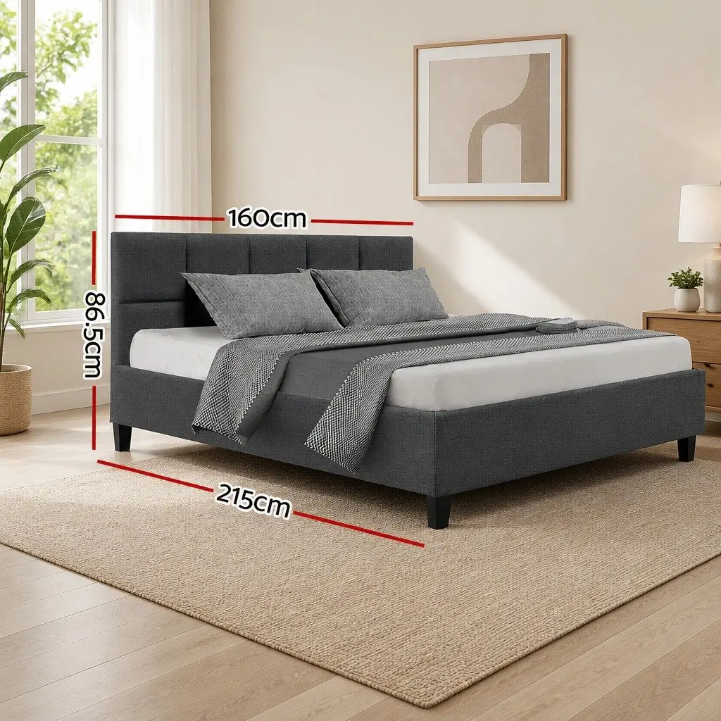 Queen Size Bed Frame Charcoal Upholstered Solid Wood Construction with Wooden Slat Base