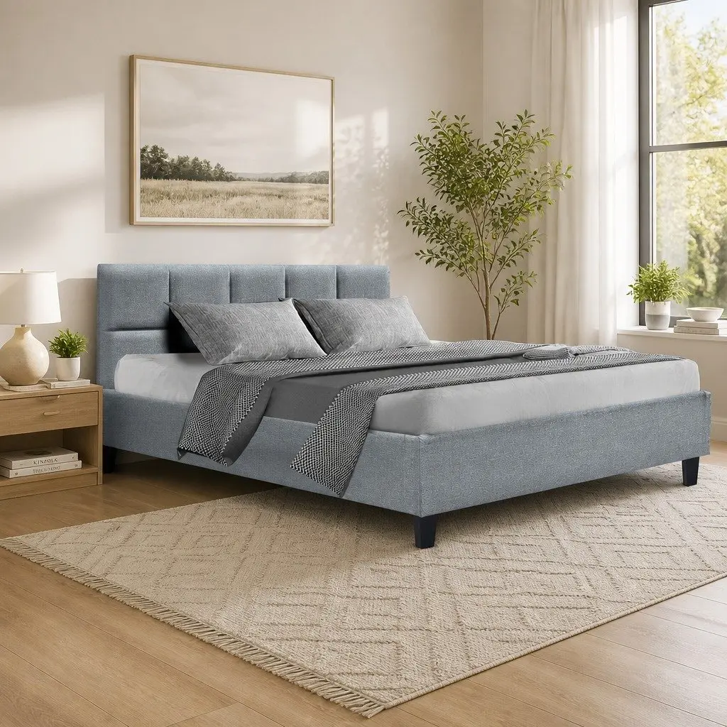 Queen Size Bed Frame Grey Upholstered Solid Wood Slat Base Heavy-Duty Metal Connectors