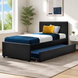 King Single Trundle Daybed Frame Black PVC Leather Pull-Out Guest Bed Storage