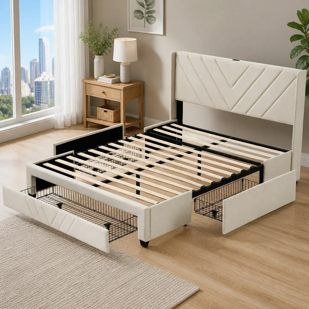 Double Bed Frame 145x202cm Upholstered with Charging Station and Storage Drawers Beige