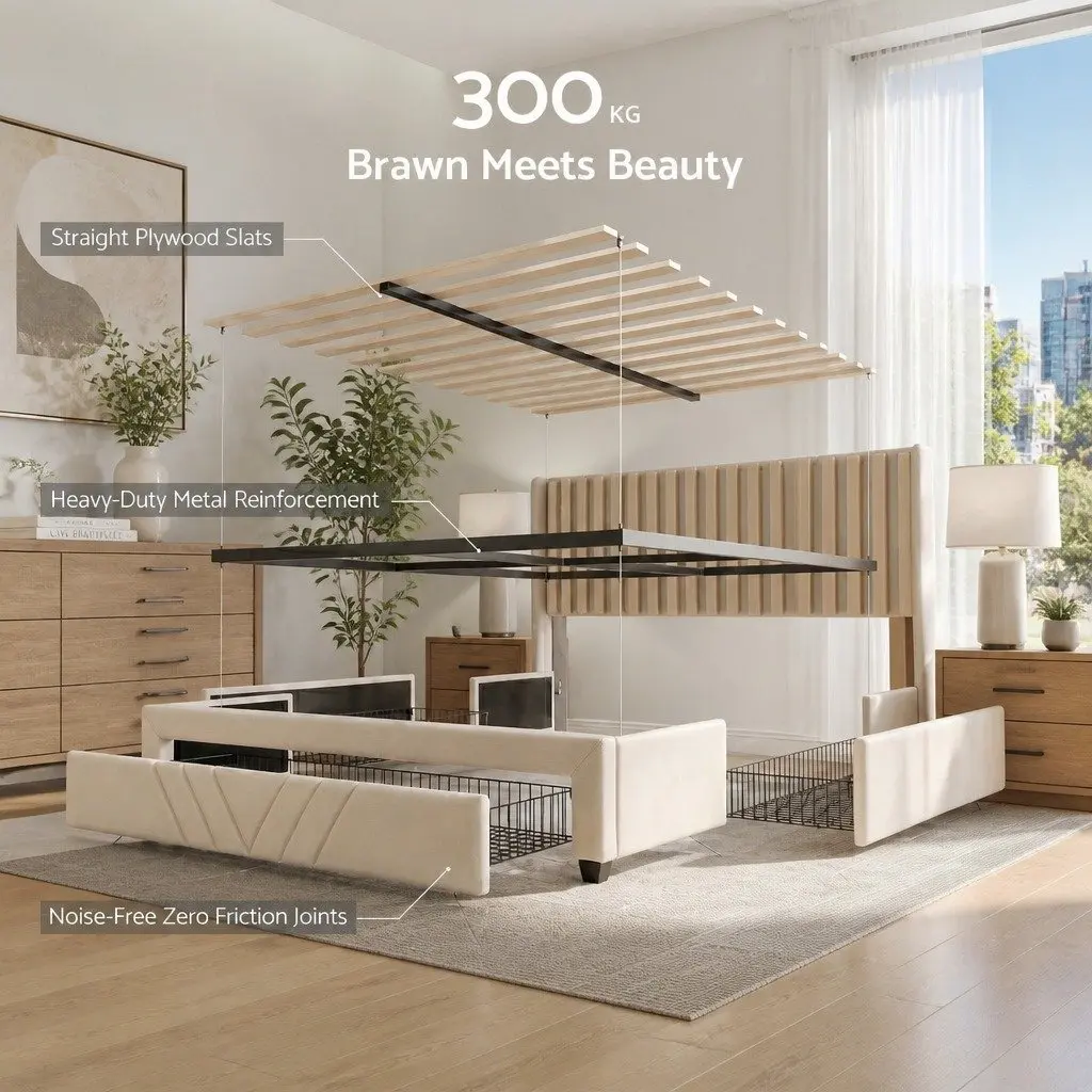 Double Bed Frame 145x202cm Upholstered with Charging Station and Storage Drawers Beige