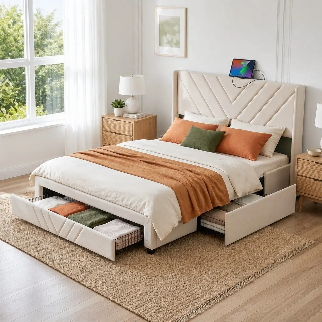 King Bed Frame with USB Charging Station and Storage Drawers Beige 300KG Capacity