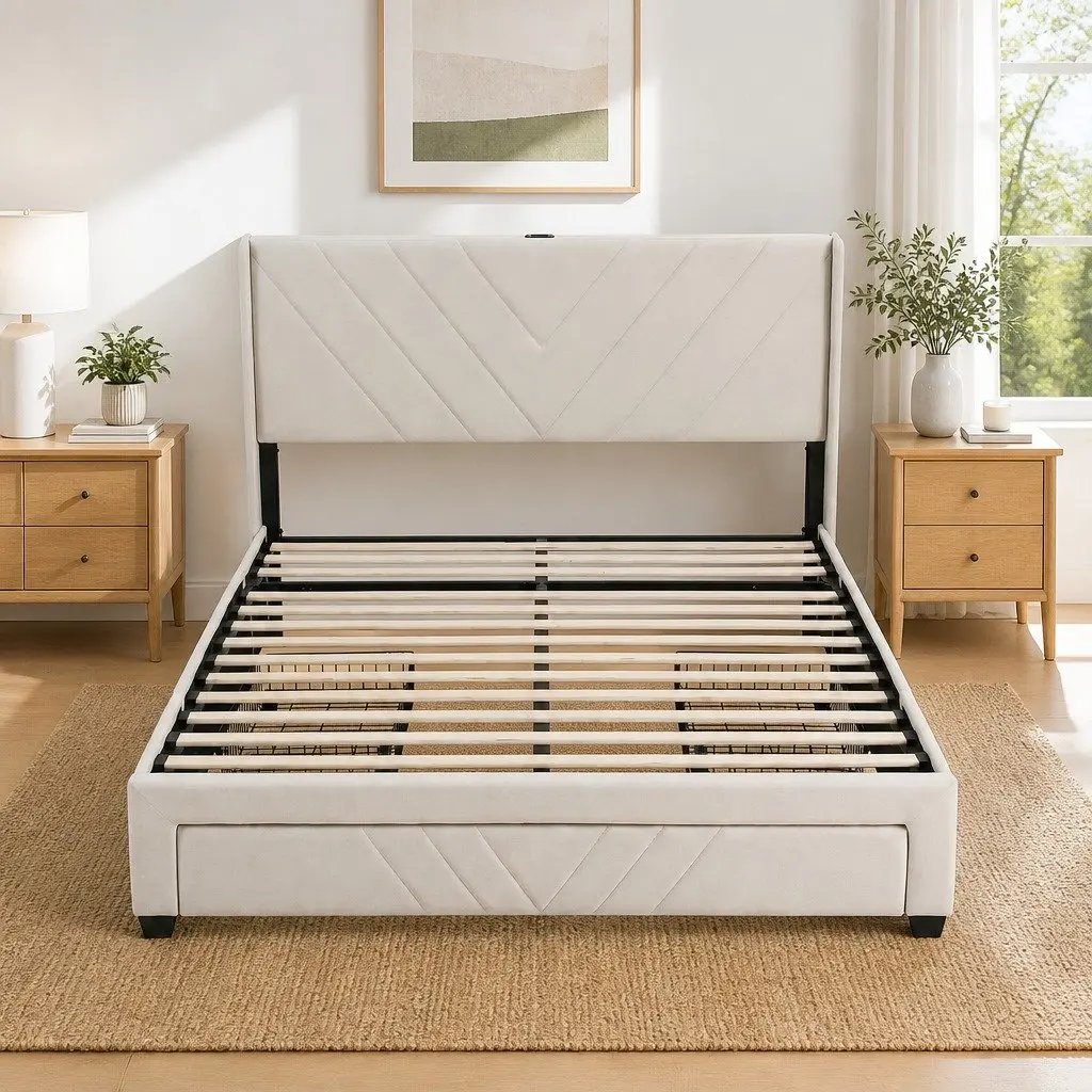 King Bed Frame with USB Charging Station and Storage Drawers Beige 300KG Capacity