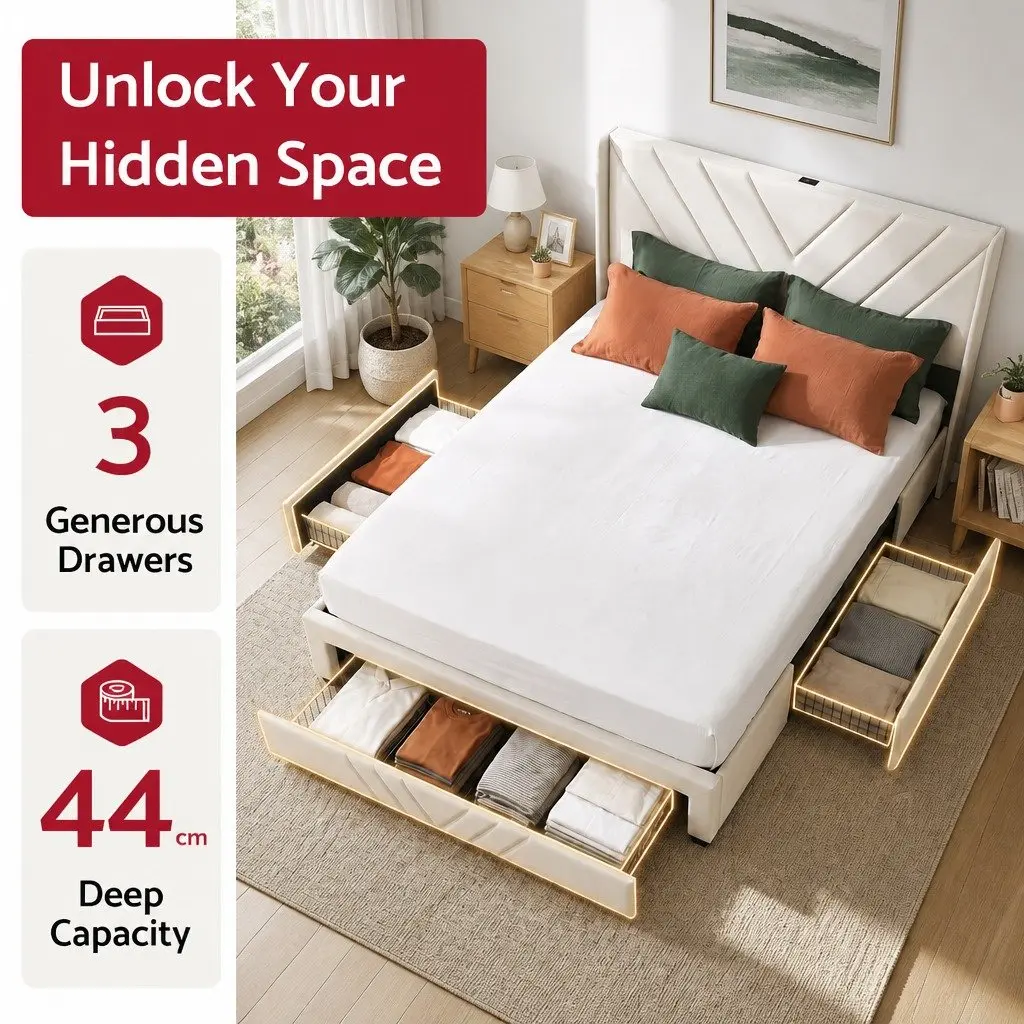 King Bed Frame with USB Charging Station and Storage Drawers Beige 300KG Capacity