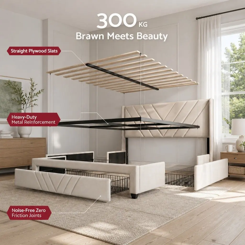 King Bed Frame with USB Charging Station and Storage Drawers Beige 300KG Capacity