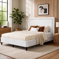 Queen Bed Frame with Fabric Headboard Platform Base Metal Slats Storage Grey