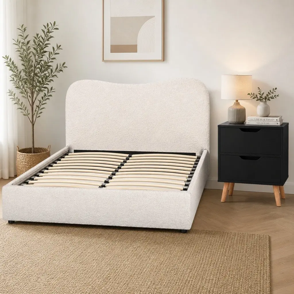 Double Bed Frame and Bedside Table Set Double Size Padded Headboard Wooden Slats Durable Construction Easy Assembly