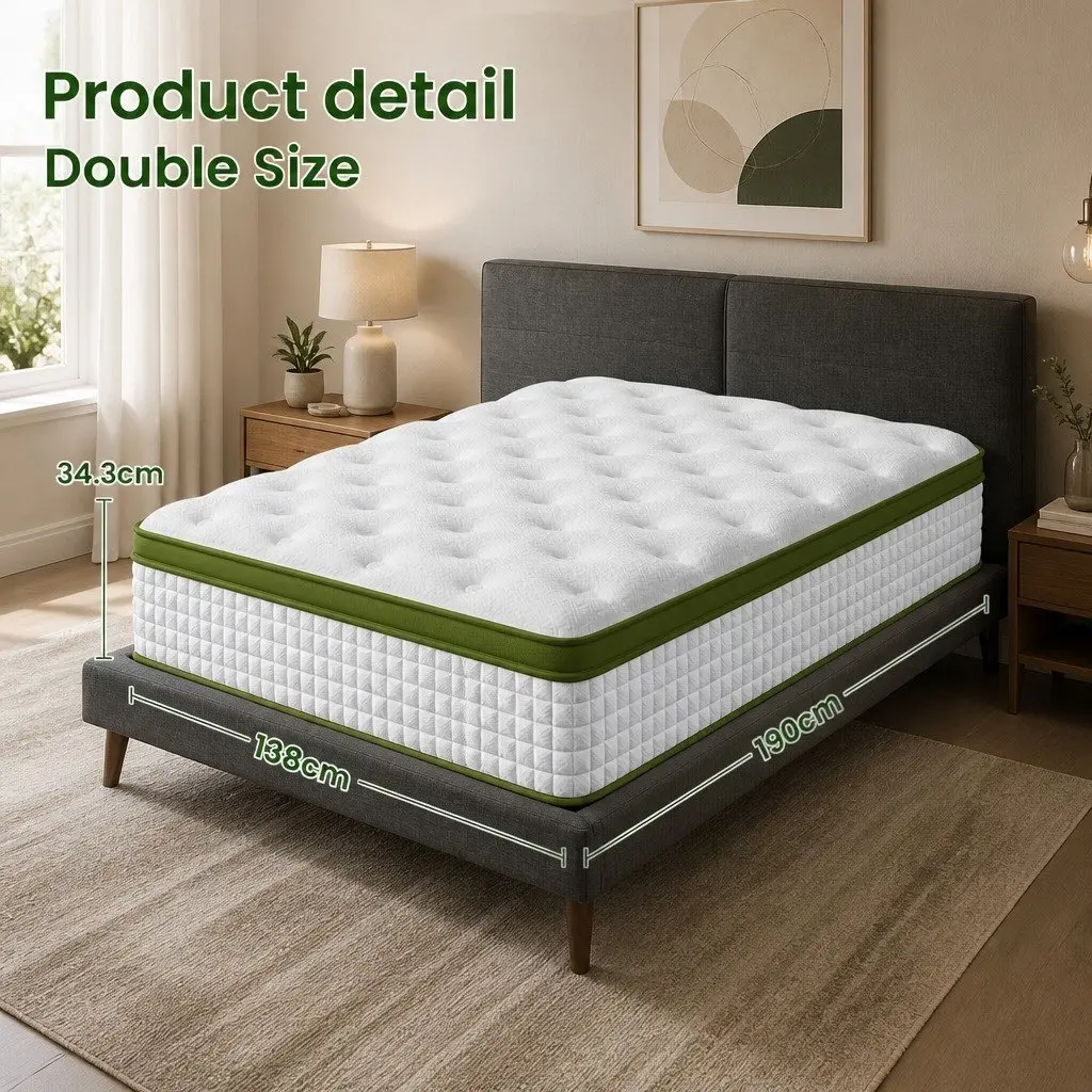 Double Bed Frame with Upholstered Headboard and Hybrid Pocket Coil Mattress Medium-Firm Support
