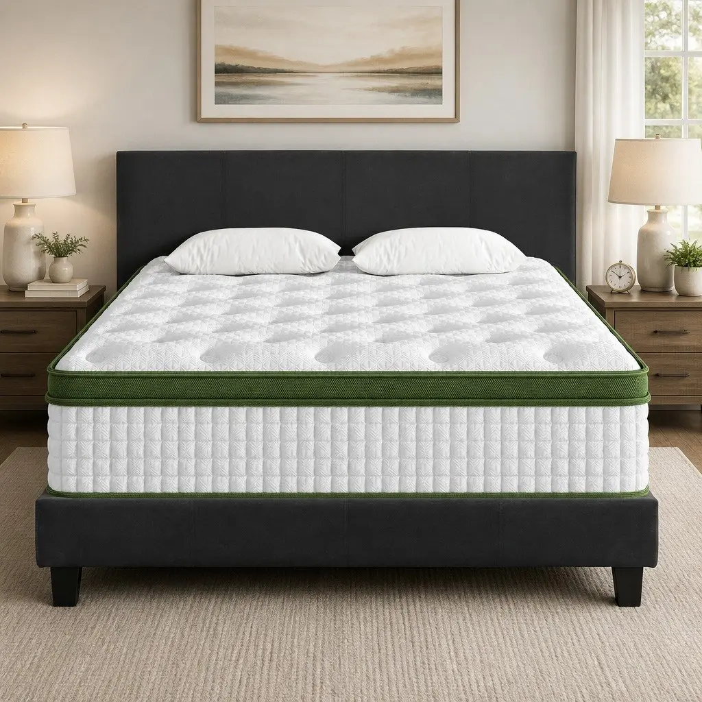 Double Bed Frame with Upholstered Headboard and Hybrid Pocket Coil Mattress Medium-Firm Support