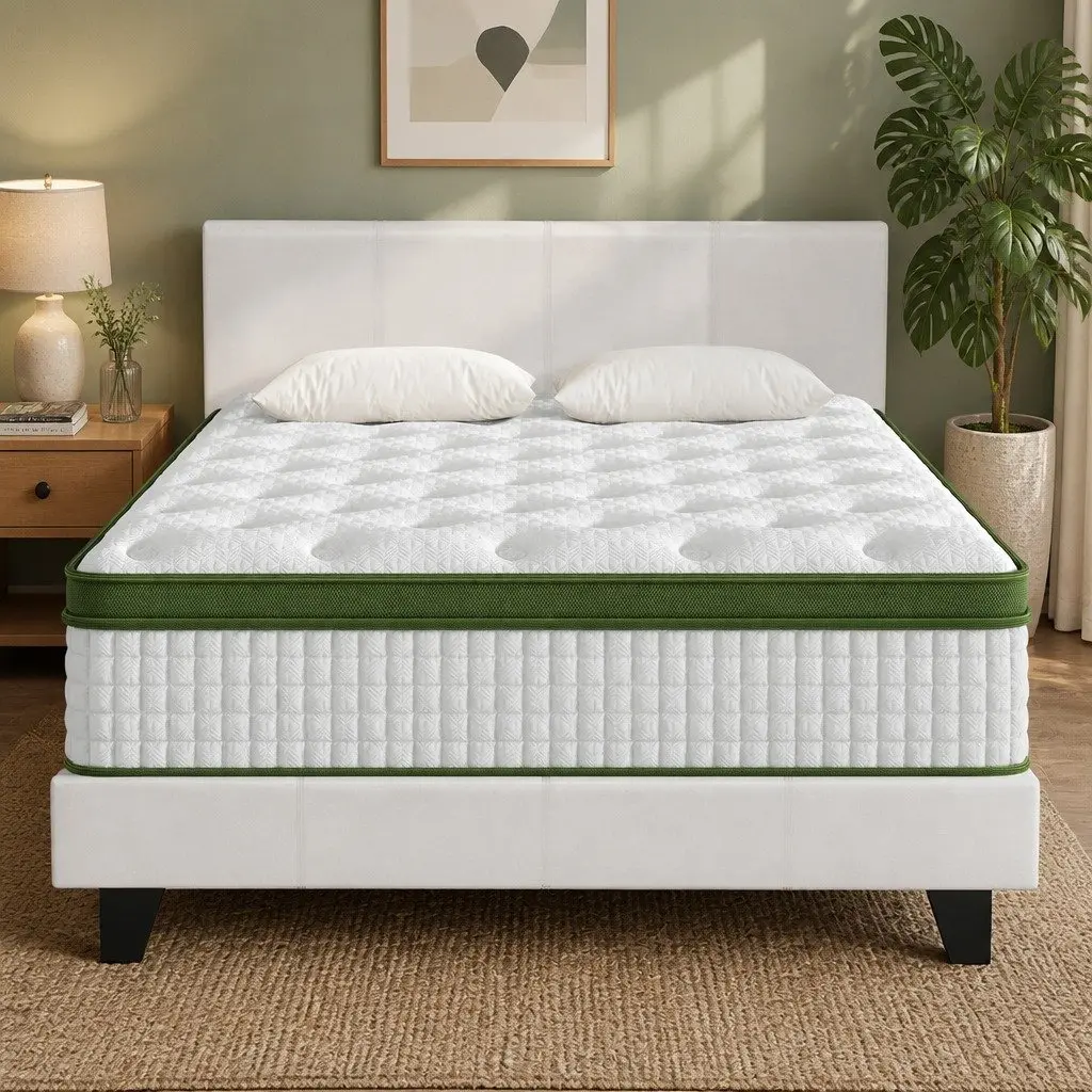 Queen Bed Frame Set with Hybrid Mattress White Padded Headboard Medium Firm Support