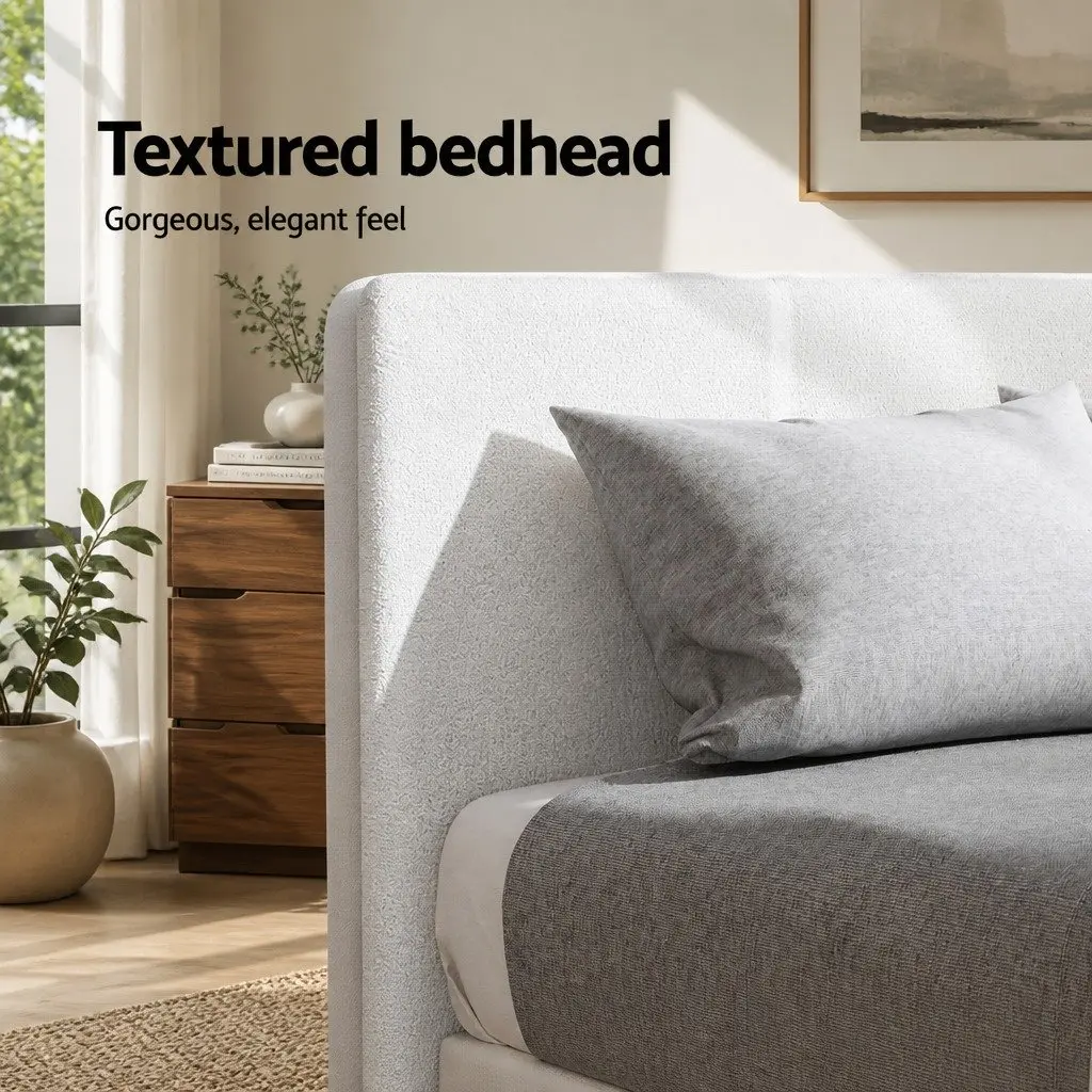 Single Bed Frame with Hybrid Mattress Bundle White Boucle Headboard Reinforced Wooden Construction Medium Firm Support
