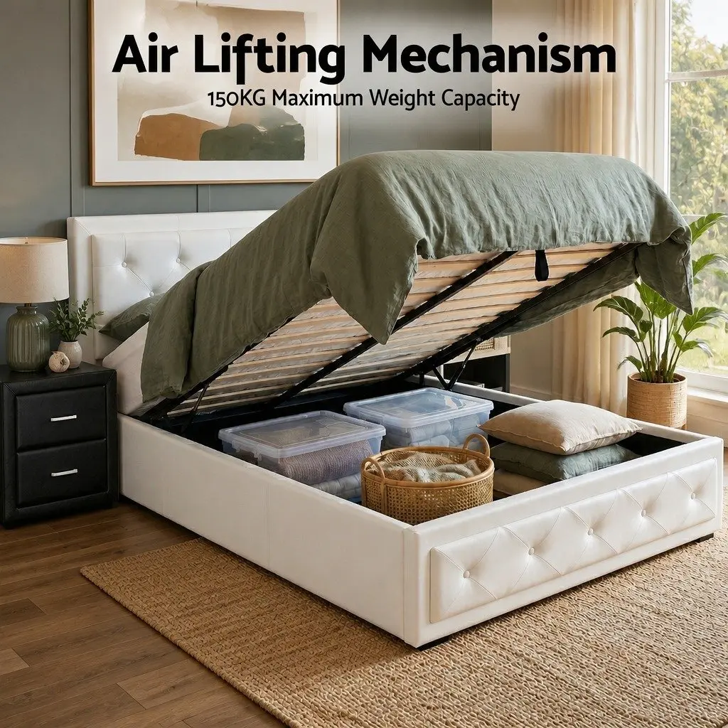 King Single Bed with Gas Lift Storage and Matching Bedside Table Set White and Black