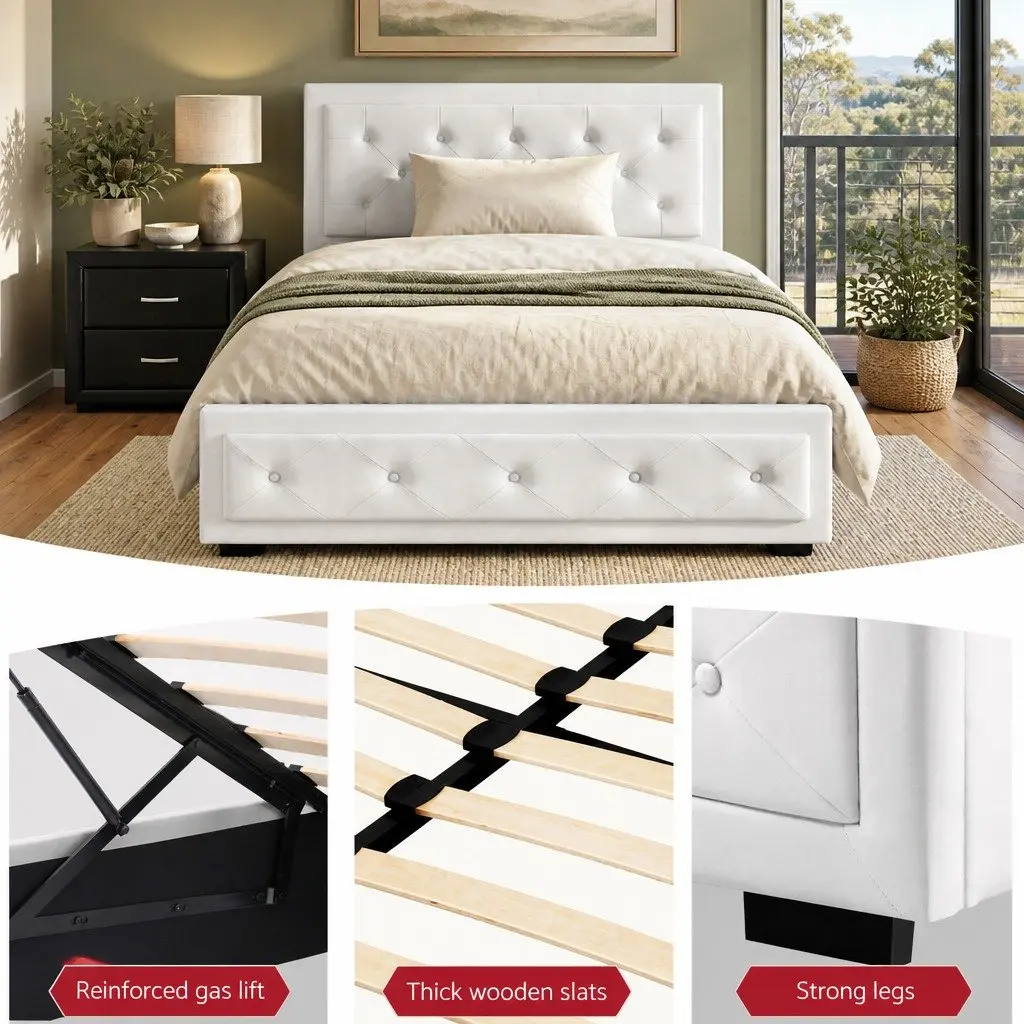 King Single Bed with Gas Lift Storage and Matching Bedside Table Set White and Black