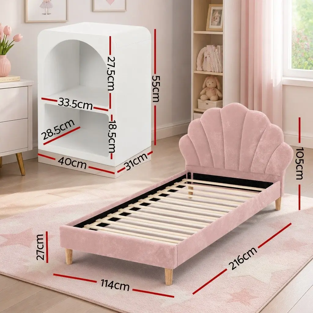 King Single Bed Frame with Scallop Headboard and Matching Bedside Table with Storage Shelves