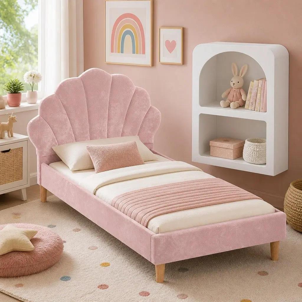 King Single Bed Frame with Scallop Headboard and Matching Bedside Table with Storage Shelves