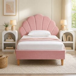 King Single Bed Frame with Pink Velvet Headboard & Tables