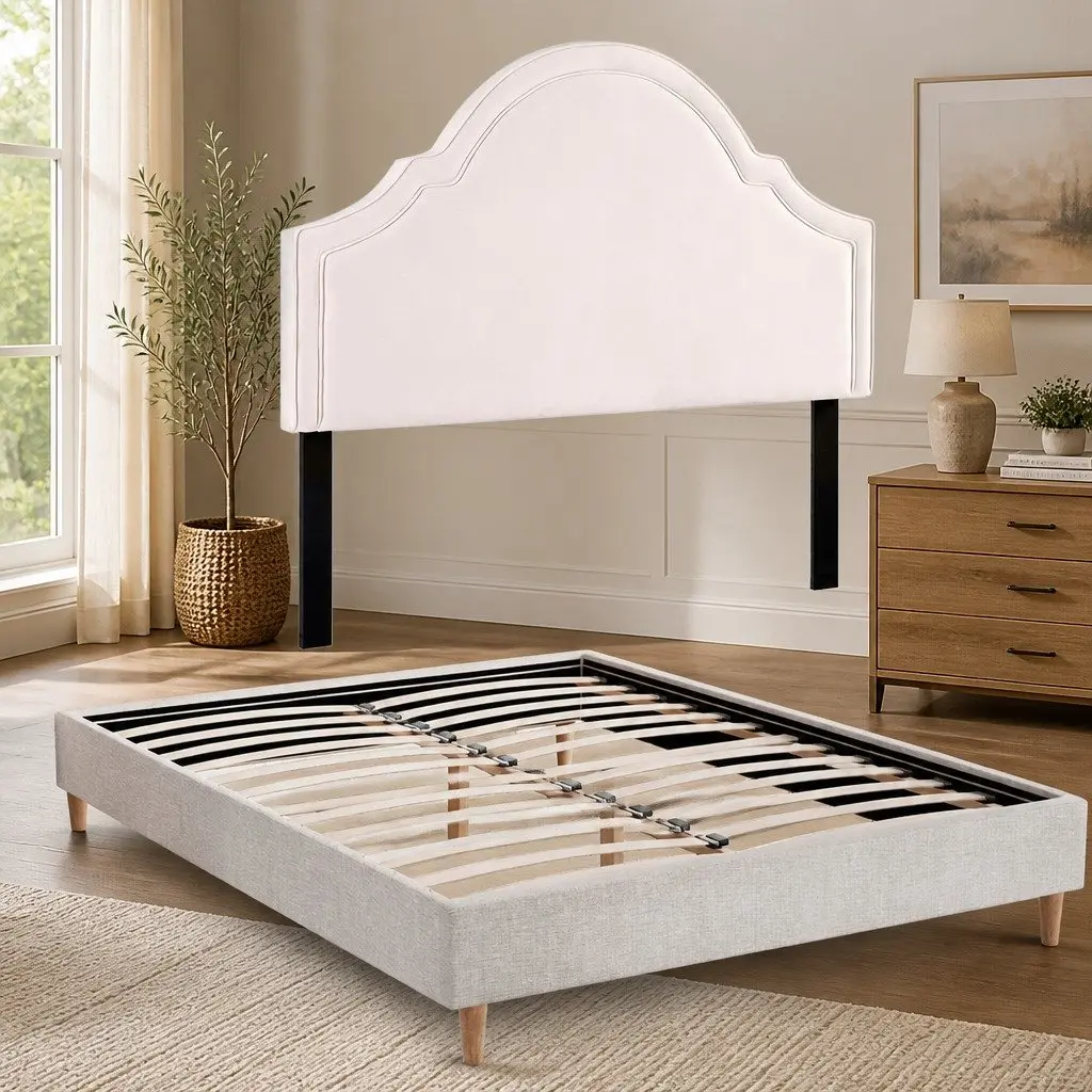 Queen Bed Frame with Storage Velvet Scalloped Headboard Wooden Slat Platform
