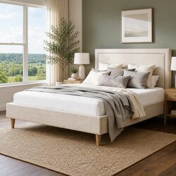Queen Bed Frame Platform Base Upholstered Headboard Linen Fabric Beige Bedroom