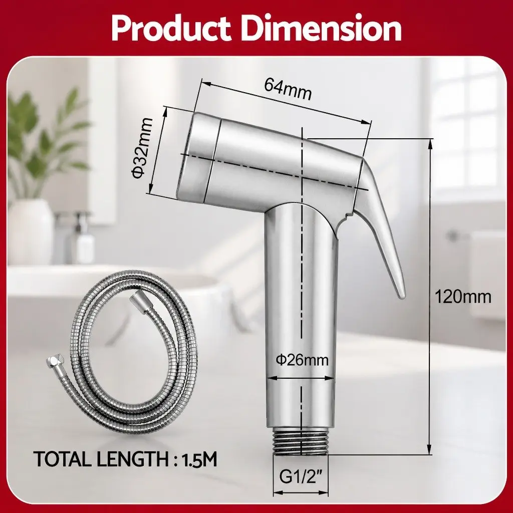 Handheld Bidet Sprayer 1.5m Stainless Steel Hose Adjustable Water Pressure Silver