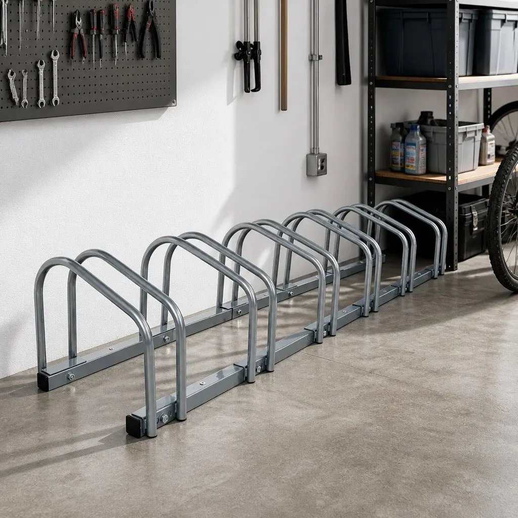 6 Bike Parking Stand Freestanding Steel Storage Holder Silver