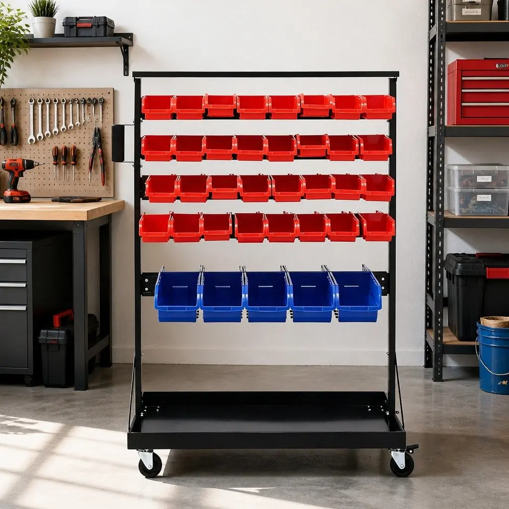 74 Bin Storage Rack Double Sided 5 Tier Steel Mobile Organizer with Lockable Wheels and Top Bottom Trays