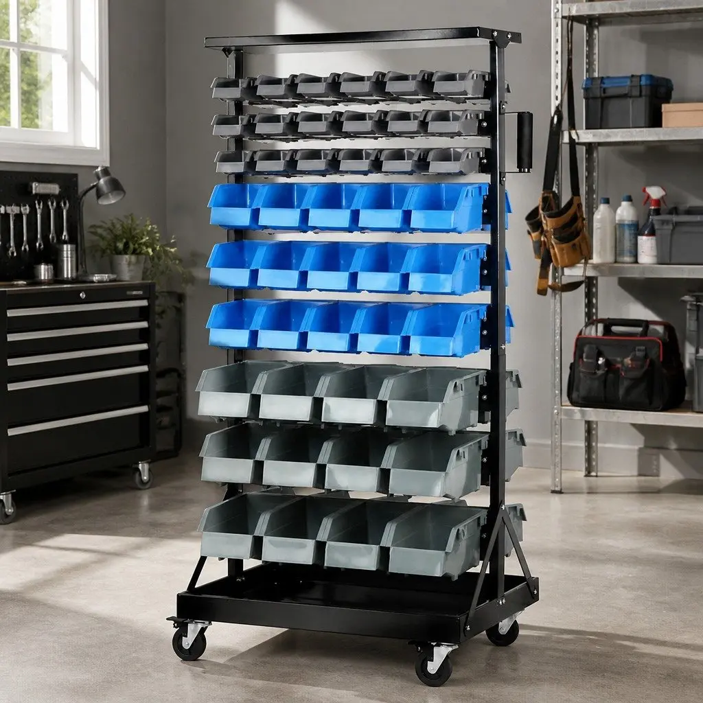Double-Sided Parts Organiser Storage Rack Stand 9-Tier Steel Frame with Castor Wheels