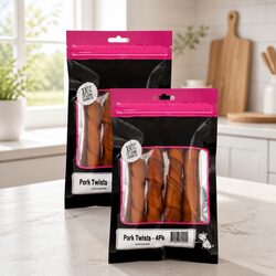 Pork Twists Dog Treats - High Protein Chewy Snacks 4 Pack x 2