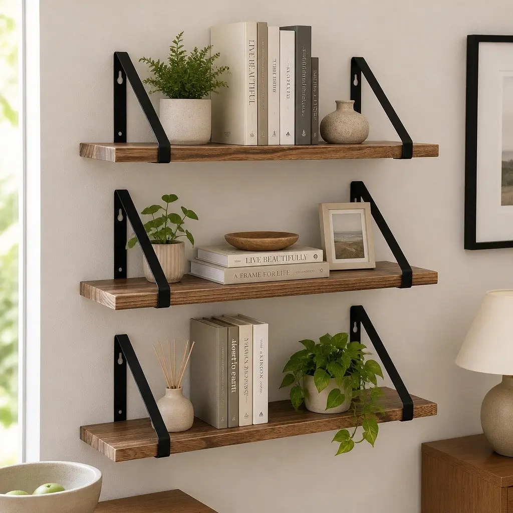 Floating Shelf 3 Piece Natural Rustic Wall Storage Display Rack Easy DIY Installation