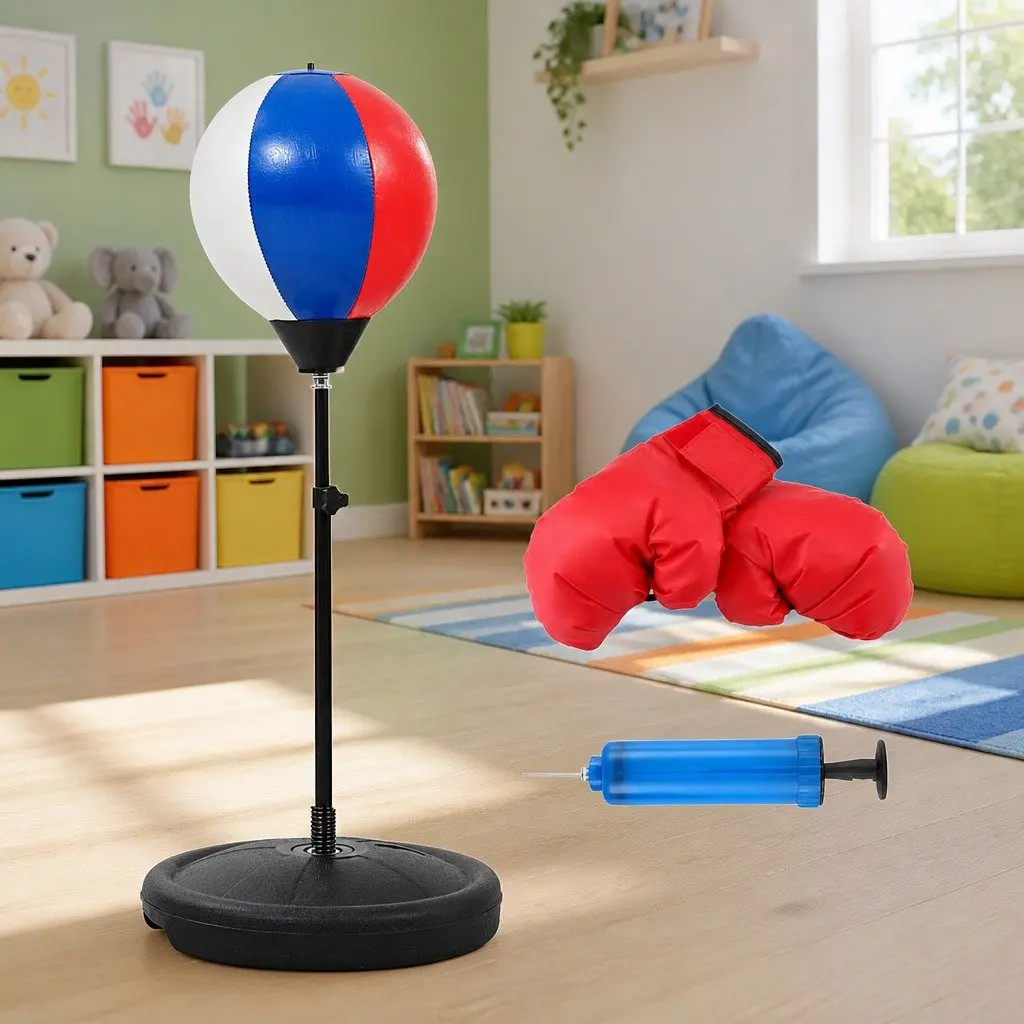 Kids Punching Bag Stand Set Adjustable 76-112cm Height with Boxing Gloves Pump