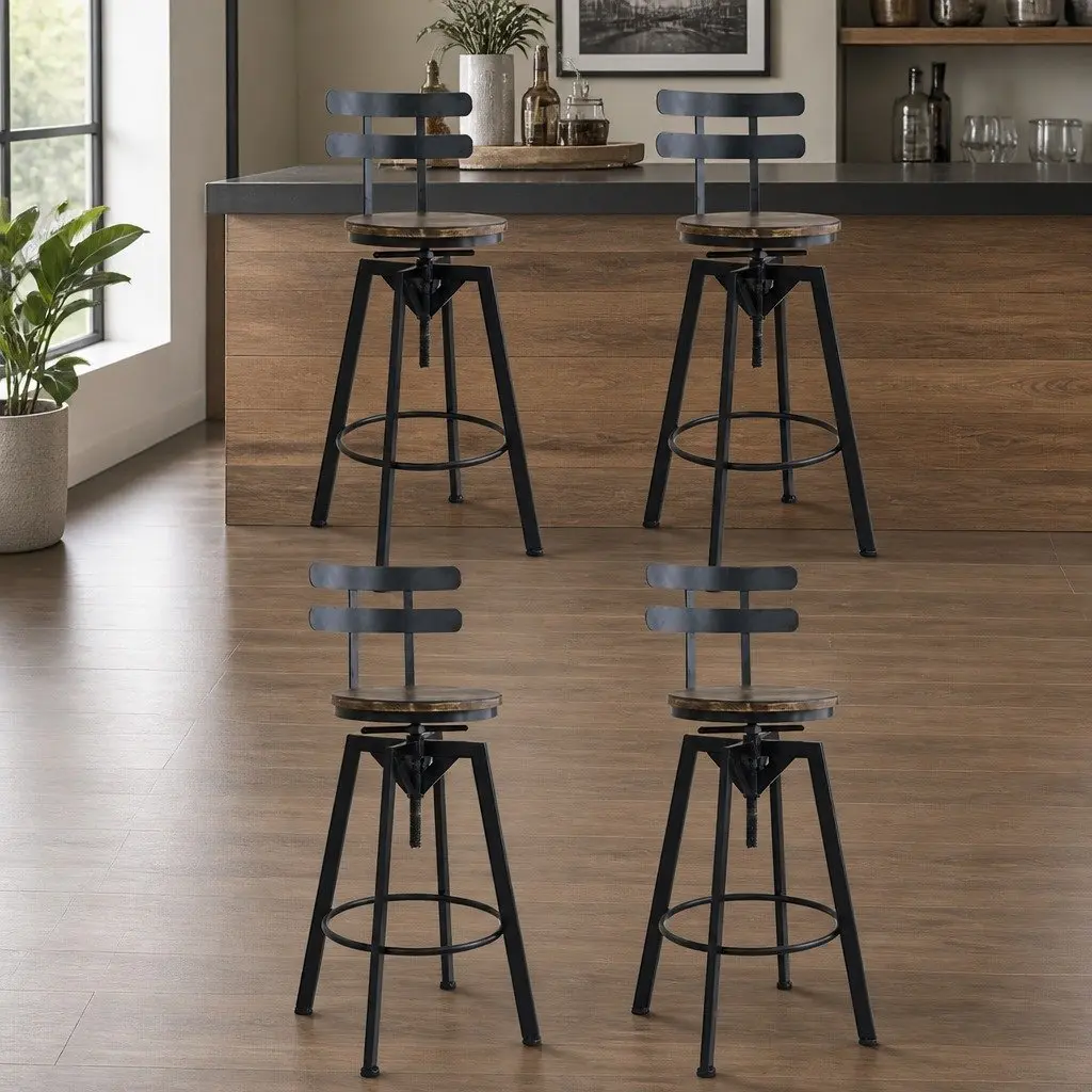 Industrial Bar Stool Adjustable Height 360 Swivel Pine Wood Set of 4