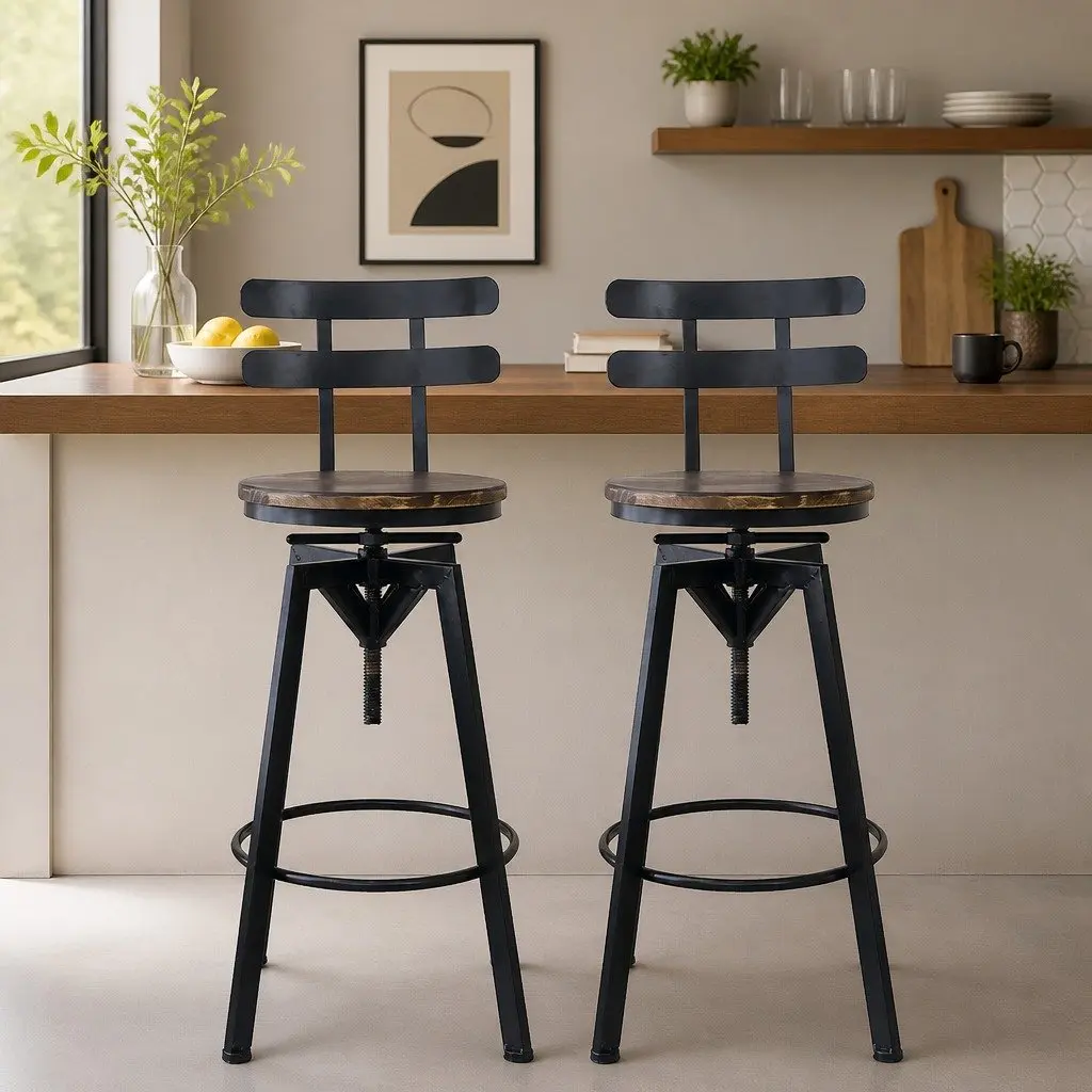 Industrial Bar Stool Adjustable Height 360 Swivel Pine Wood Set of 4