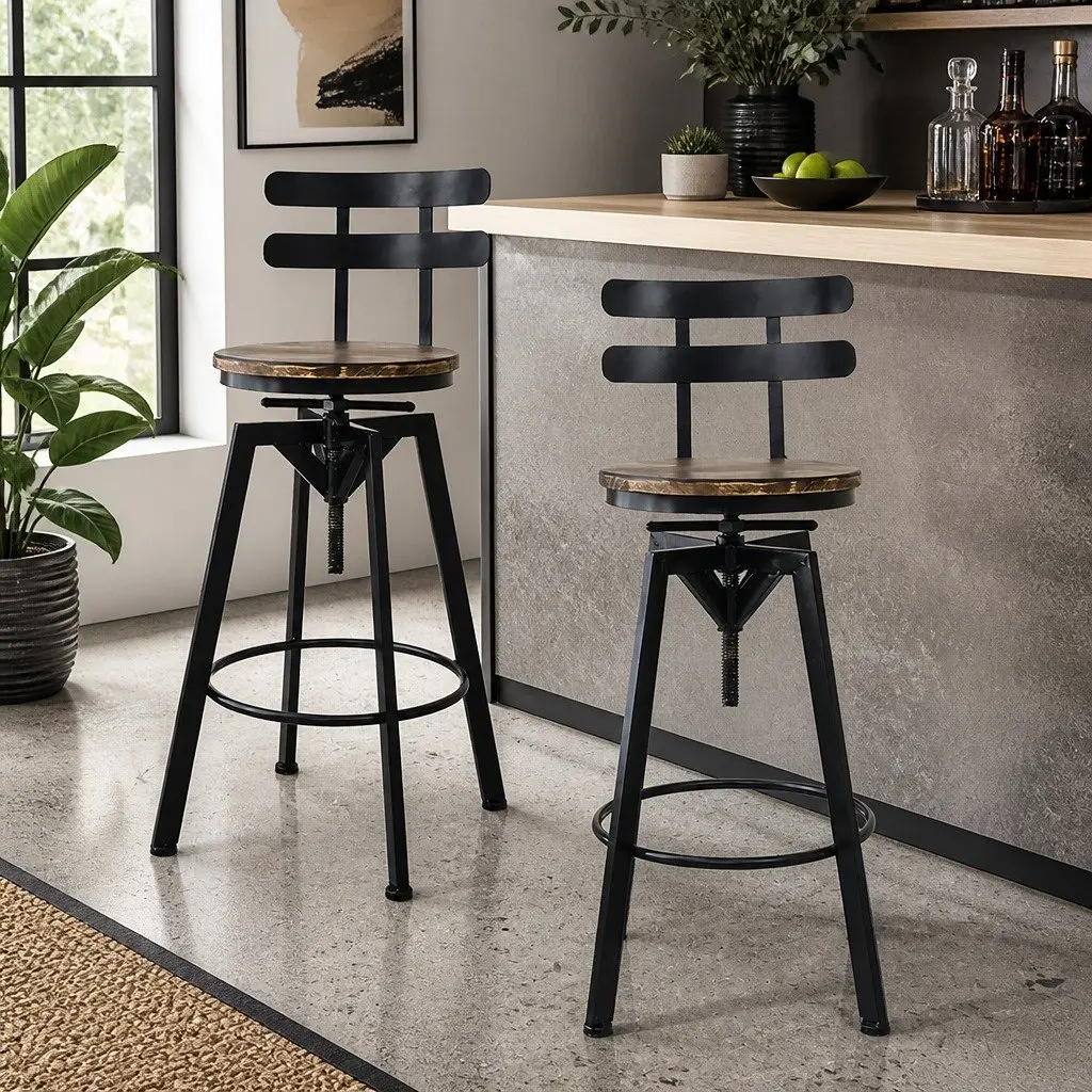 Industrial Bar Stool Adjustable Height 360 Swivel Pine Wood Set of 4
