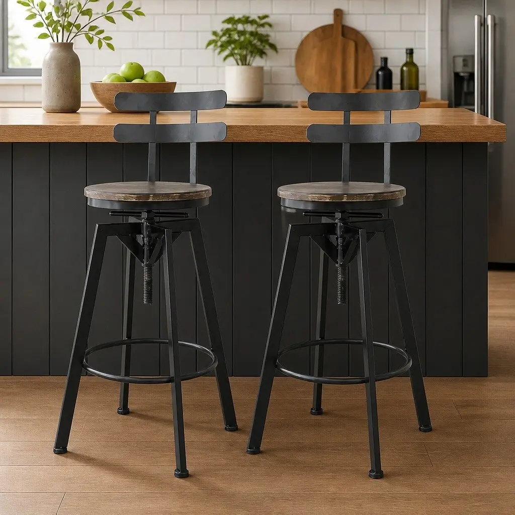 Industrial Bar Stool Adjustable Height 360 Swivel Pine Wood Set of 4