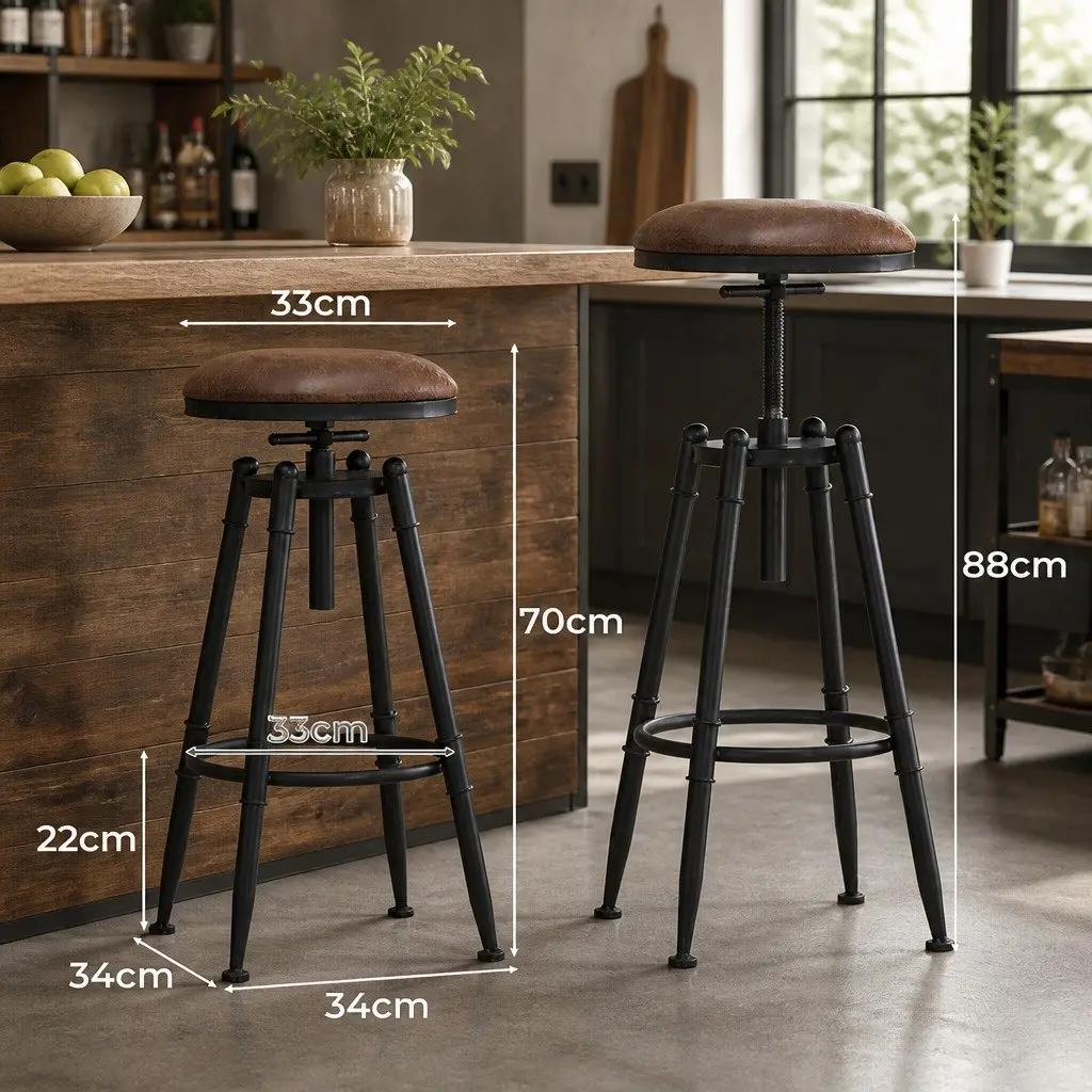 Industrial Bar Stools Set of 2 Adjustable Height Swivel Seat Retro Vintage Style