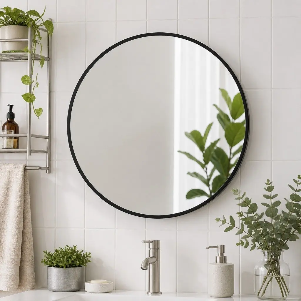 Round Wall Mirror 50cm 60cm 70cm 80cm Crystal Clear Reflection Rounded Steel Frame