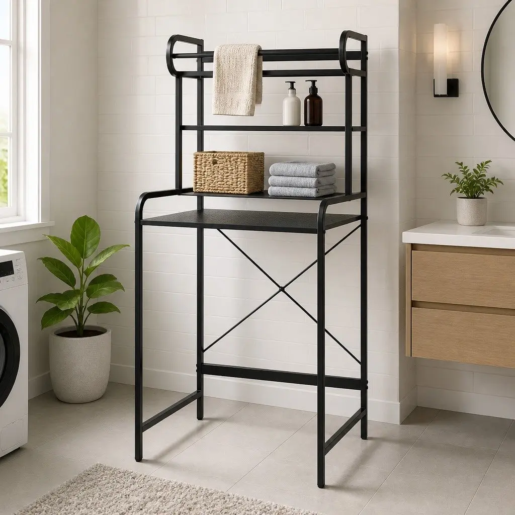 Bathroom Storage Shelf 3 Tier Over Washing Machine Black Organizer Towel Rack