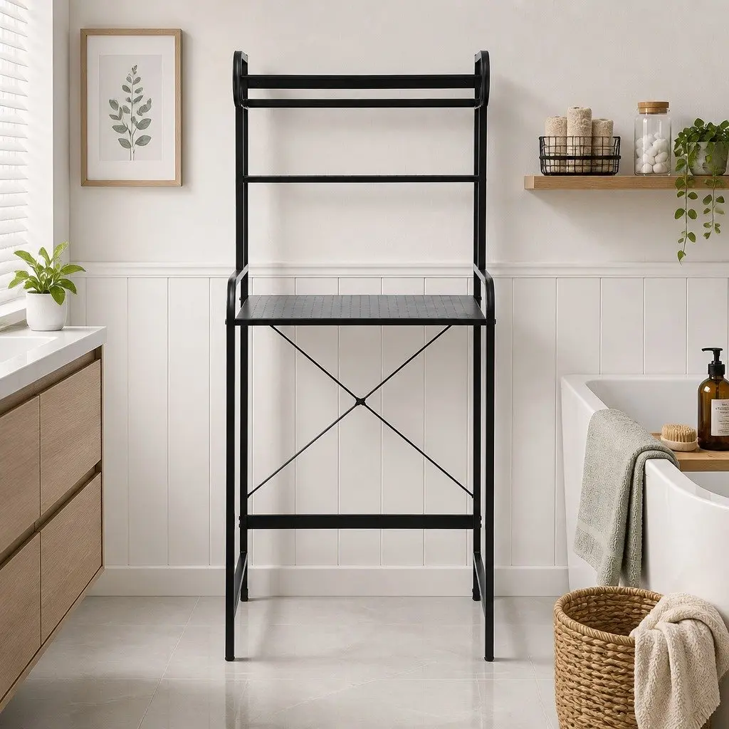 Bathroom Storage Shelf 3 Tier Over Washing Machine Black Organizer Towel Rack