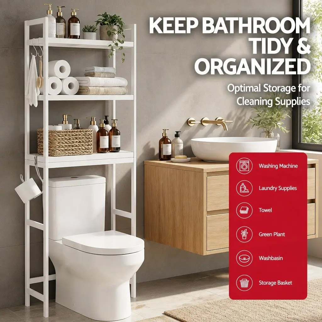 3 Tier Over Toilet Storage Rack White Space Saving Bathroom Organiser with Wide Shelves and Hooks