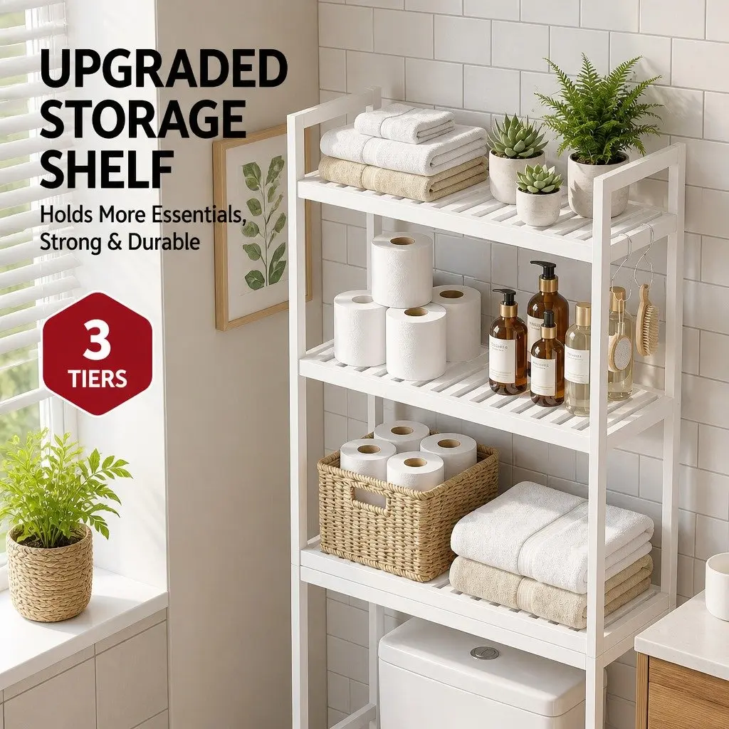 3 Tier Over Toilet Storage Rack White Space Saving Bathroom Organiser with Wide Shelves and Hooks