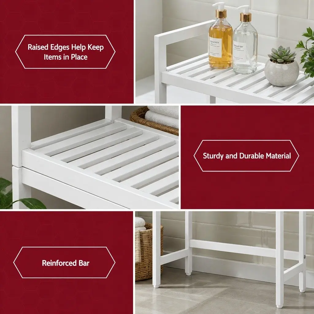 3 Tier Over Toilet Storage Rack White Space Saving Bathroom Organiser with Wide Shelves and Hooks