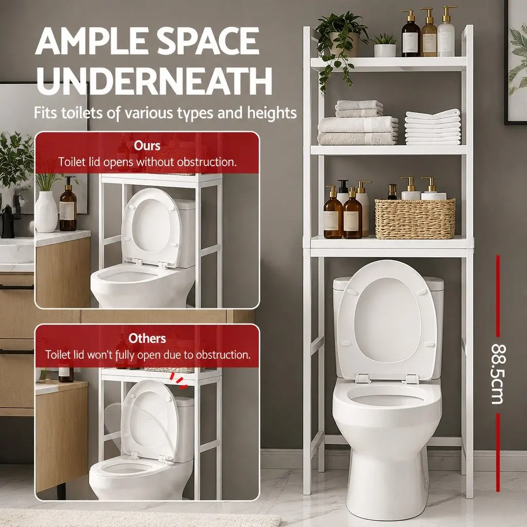 3 Tier Over Toilet Storage Rack White Space Saving Bathroom Organiser with Wide Shelves and Hooks