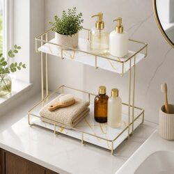 2 Tier Bathroom Corner Storage Rack Organiser Gold Marble Design Towel Holder