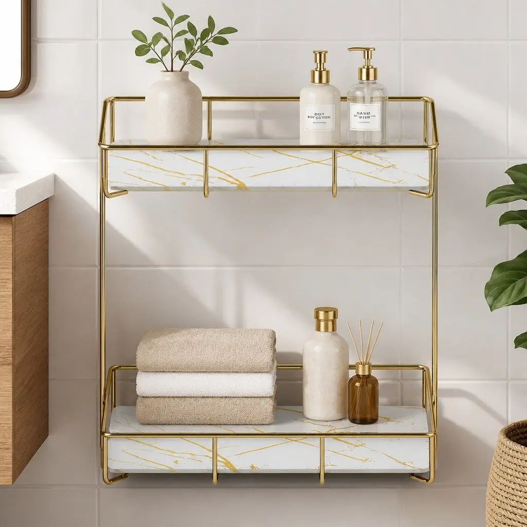 2 Tier Bathroom Corner Storage Rack Organiser Gold Marble Design Towel Holder
