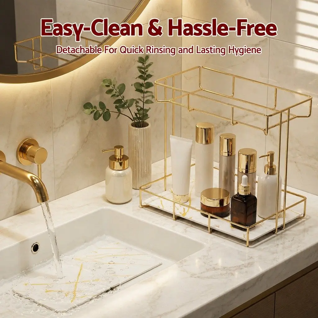 2 Tier Bathroom Corner Storage Rack Organiser Gold Marble Design Towel Holder