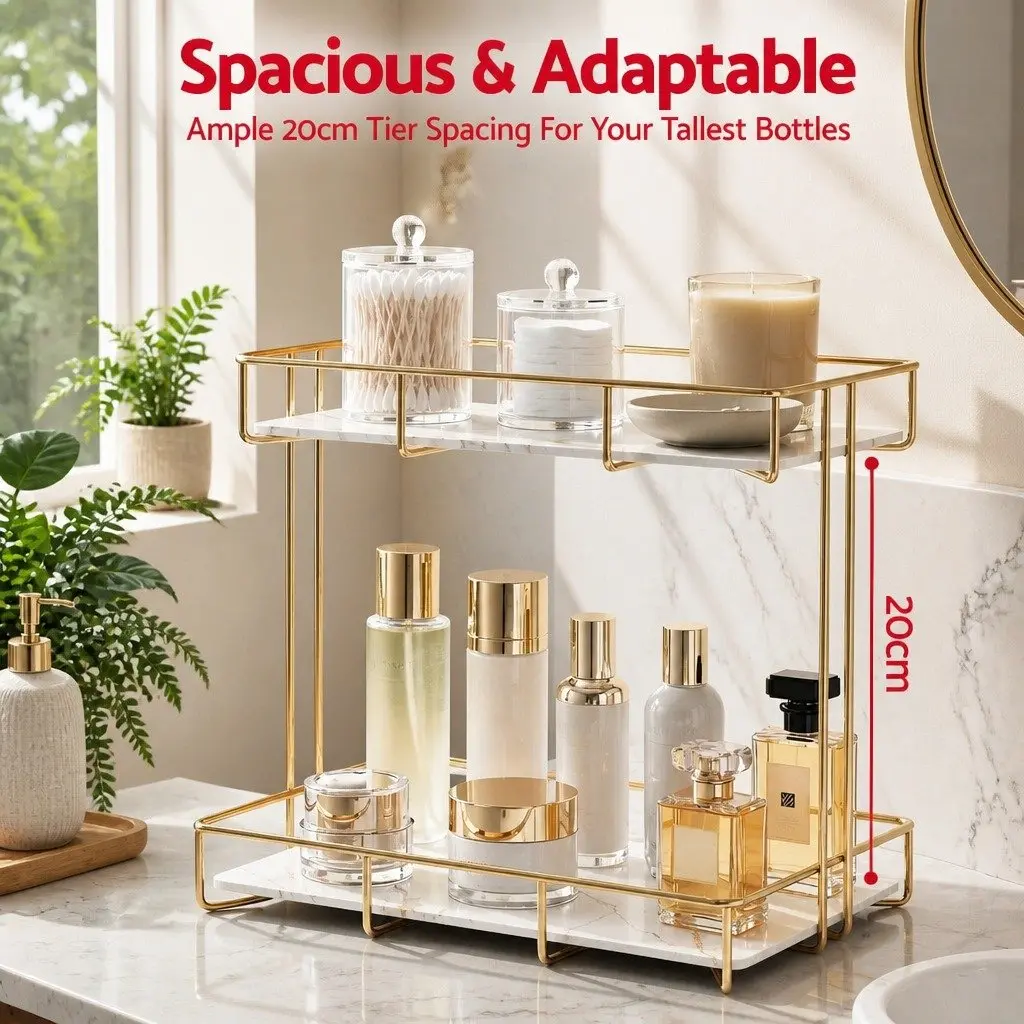 Bathroom Storage Rack 2 Tier Corner Organiser Gold Marble Look Towel Holder