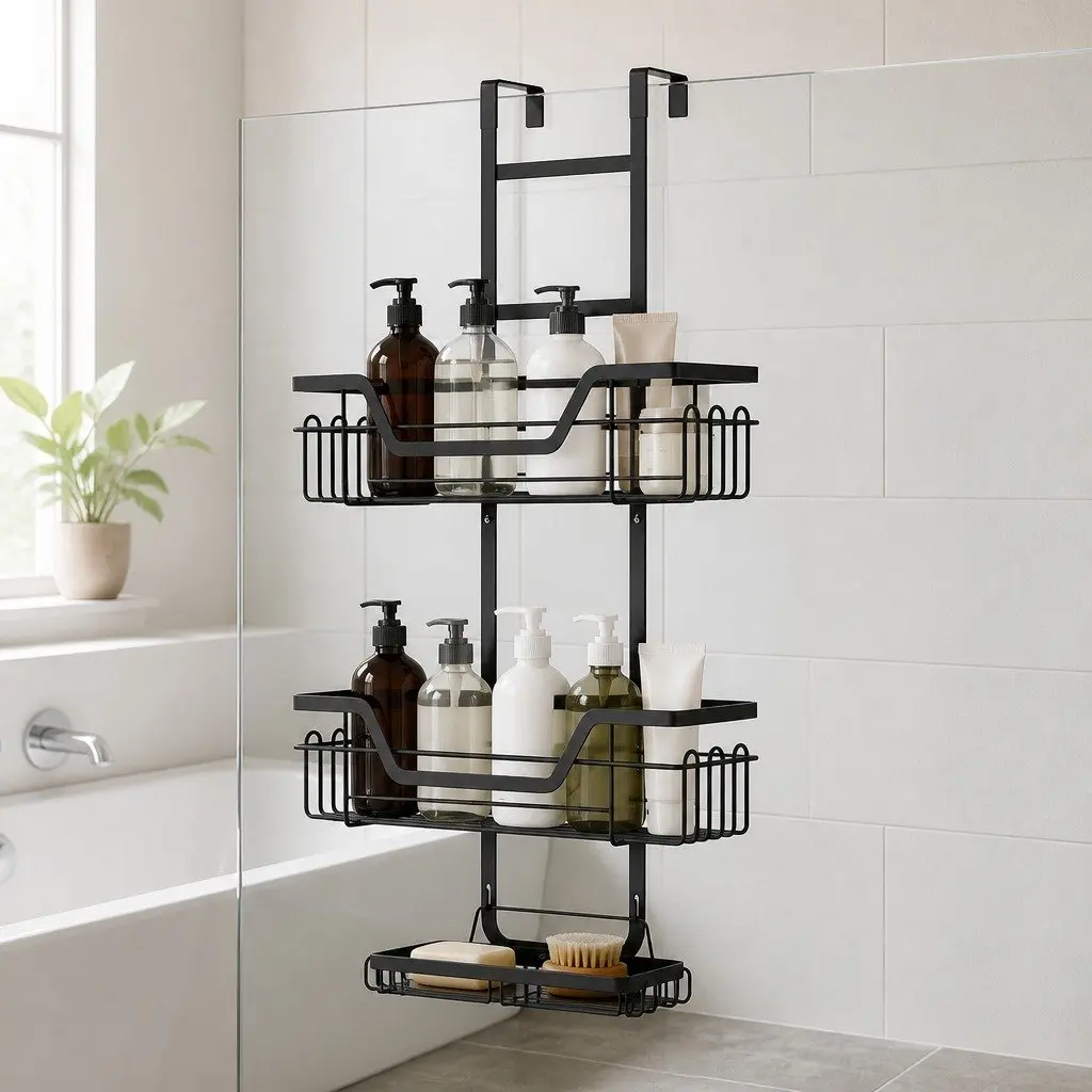 3 Tier Over The Door Shower Caddy Bathroom Storage Organizer Hanging Rack Black