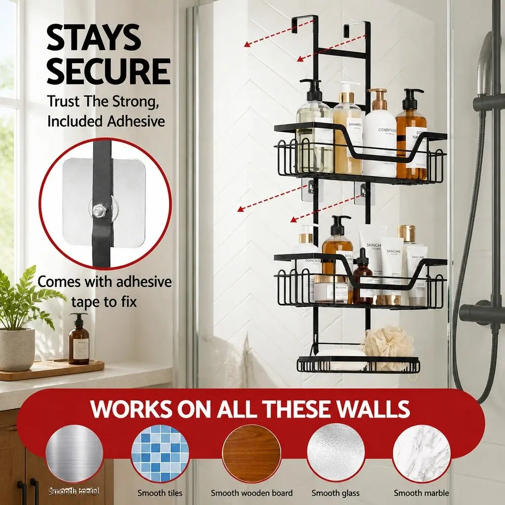 3 Tier Over The Door Shower Caddy Bathroom Storage Organizer Hanging Rack Black