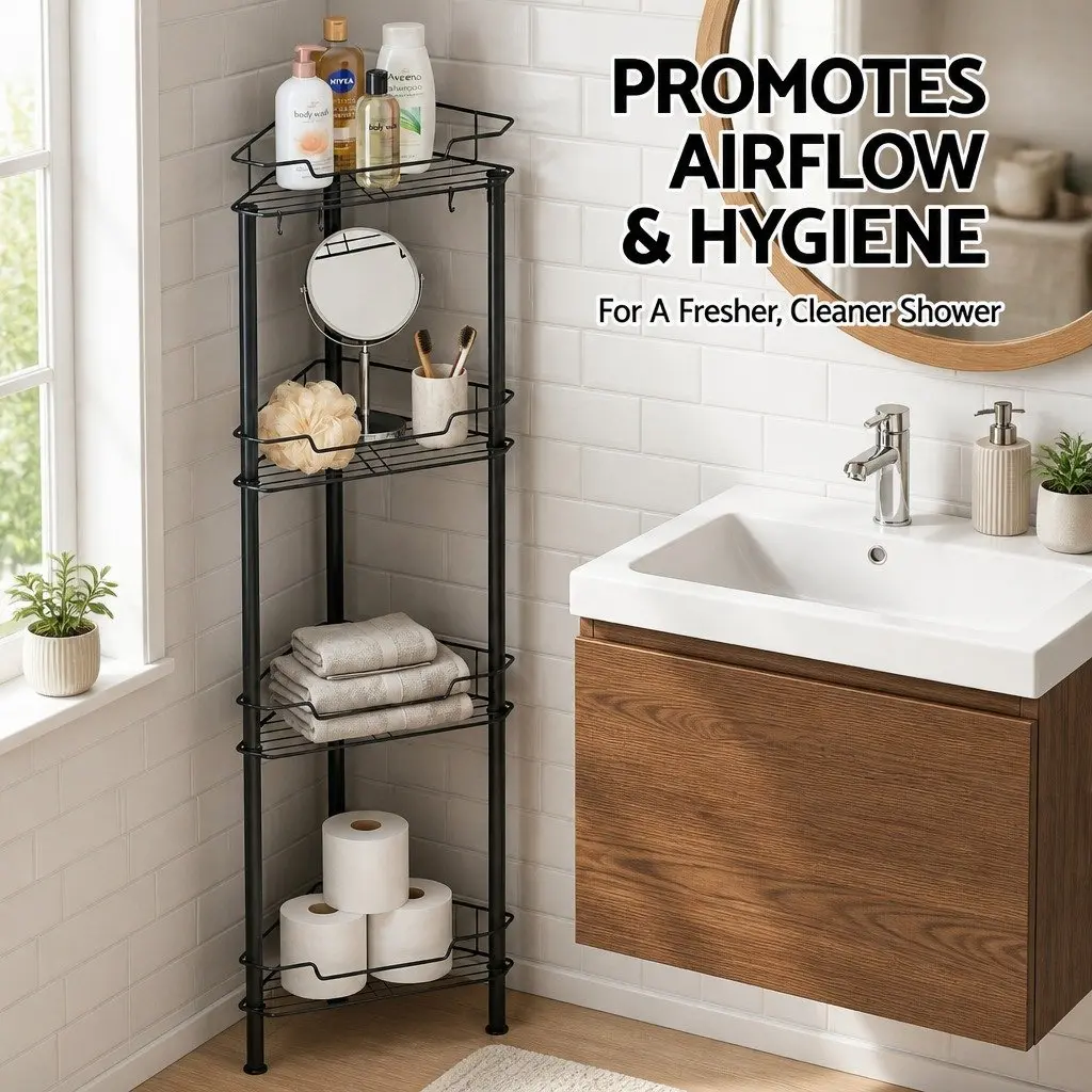 4 Tier Floor Standing Corner Shower Caddy Black Space Saving Bathroom Storage Organizer