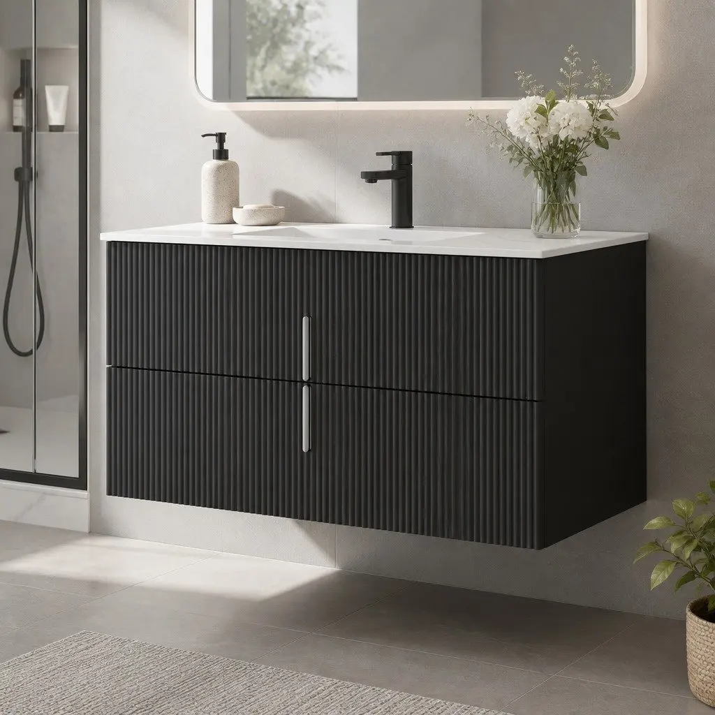 Wall Hung Bathroom Vanity Unit 900mm Black Timber Cabinet with Engineered Stone Countertop